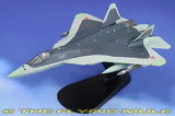 1:72 Su-57 fighter jet model in Russian Air Force blue gray on display stand
