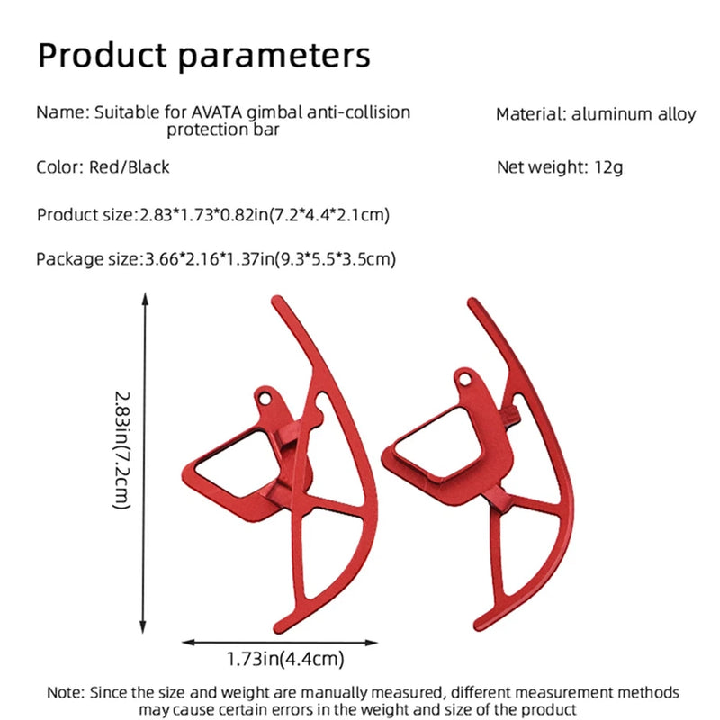 Drone gimbal anti-collision protection bars, red and dark metal, two-piece set