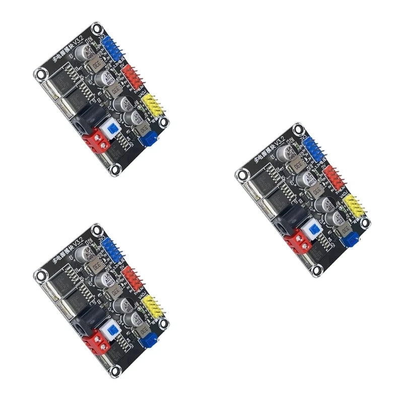 Adjustable DC step-down converter module with 3.3–5V output, blue circuit board