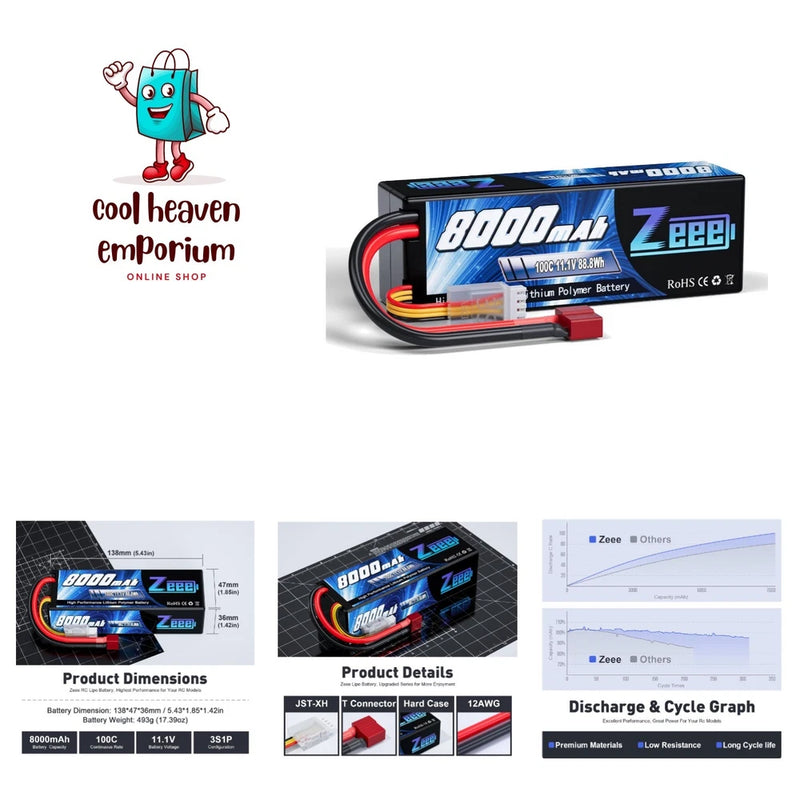 3S Lipo Battery 8000mAh 11.1V 100C RC Lipo with T Connector Hard Case Battery... Battery