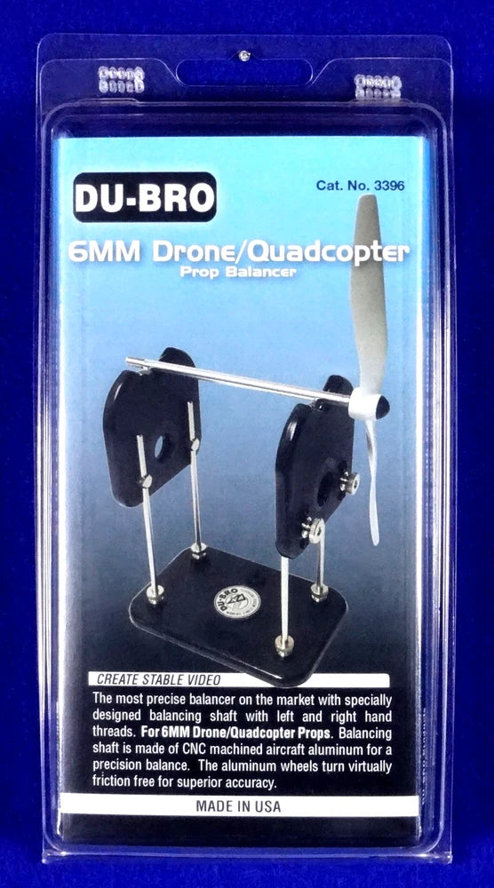 DU-BRO 6mm drone prop balancer tool in blister package with adjustable stand
