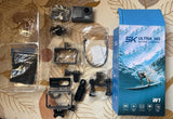 Action camera 5K ultra HD W1 with waterproof case and mounts, plus cables and accessories