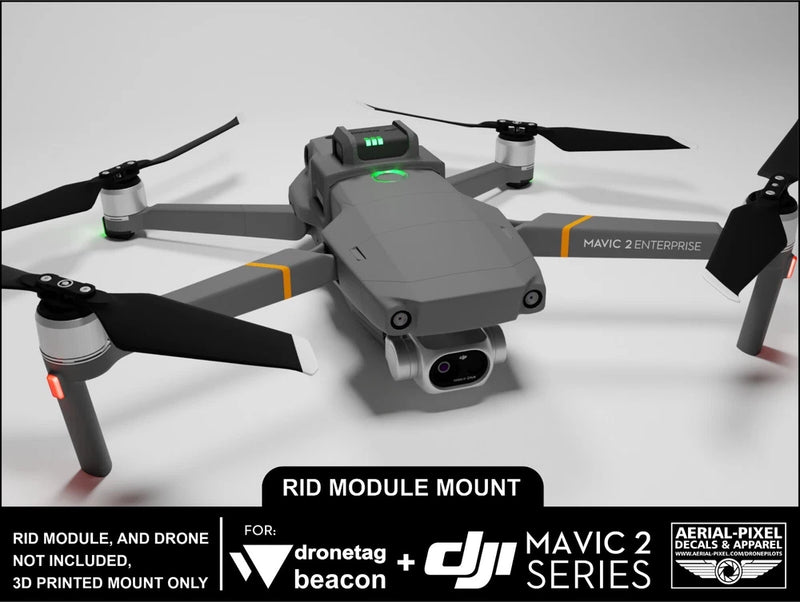 Drone Remote ID mount with 3D-printed attachment, mounted on DJI Mavic 2 drone.