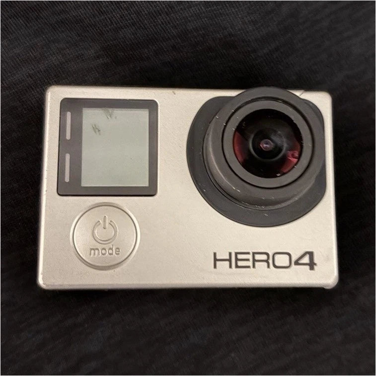 GoPro HERO4 action camera with silver front, black lens, LCD screen and mode button
