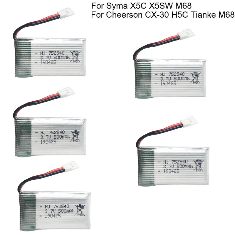 5pcs 3.7V 500mAh 25C 752540 Rechargeable Lipo battery for TK107 M68 H5C RC Drone Battery