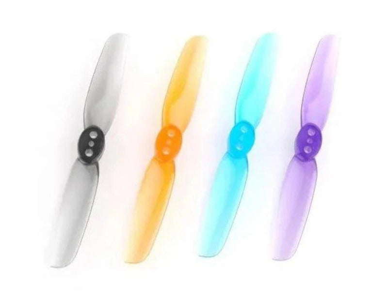 Bi-blade micro FPV drone propellers, black hubs in white, orange, blue, purple