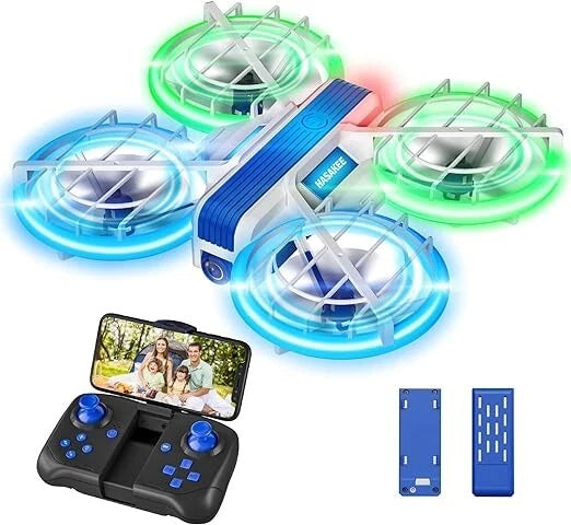 HASAKEE LED RC stunt drone with glowing ring lights, controller, and smartphone screen