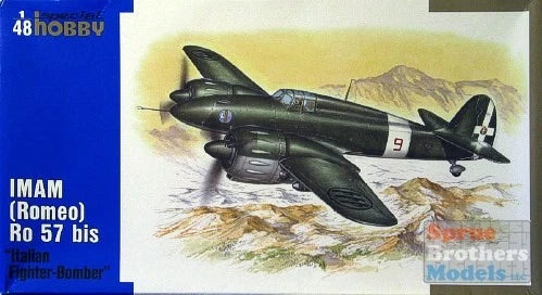 1:48 IMAM Romeo Ro 57 bis model kit box art with black jet aircraft illustration
