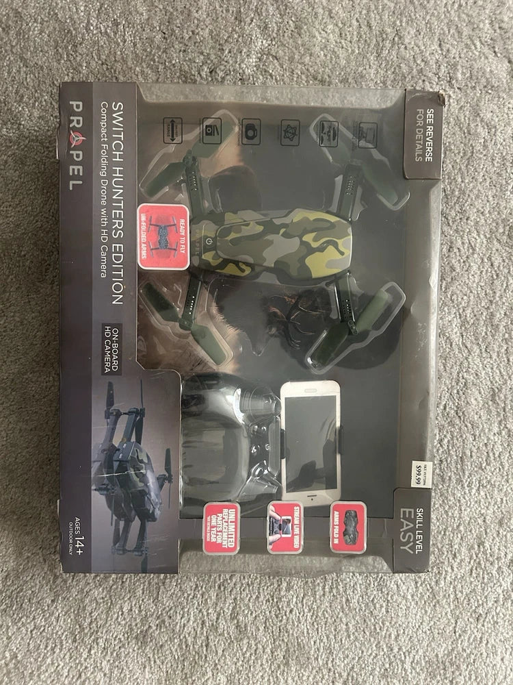 Micro folding drone retail box showing camouflage HD camera drone and remote