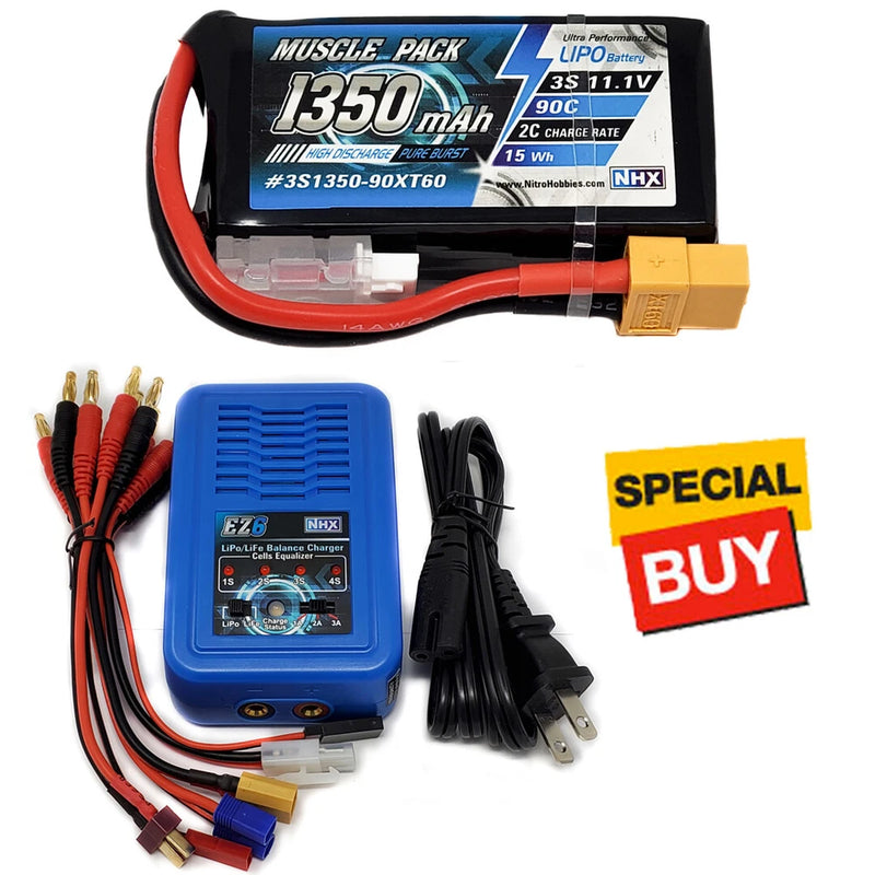 NHX Muscle Pack 3S 11.1V 1350mAh 90C Lipo Battery w/ XT60 Plug / EZ6 Charger Battery