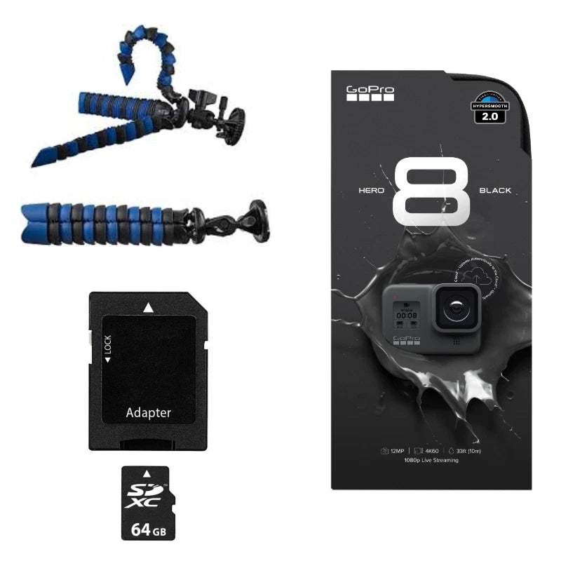 GoPro HERO8 Black action camera bundle with tripod mount, adapter, and 64GB card