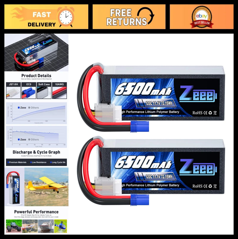 High-Performance 3S Lipo Battery 6500mAh 11.1V 120C EC5 Connector for RC Vehicle Battery