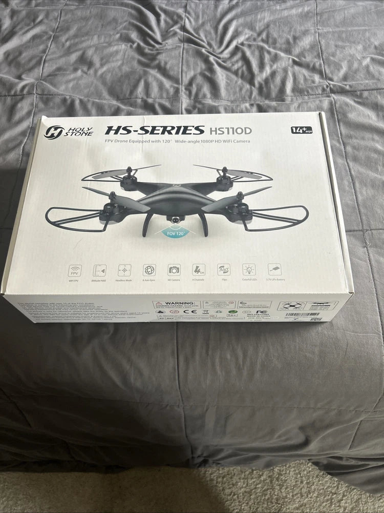 HS-Series HS110D quadcopter RC drone box with top-view drone illustration