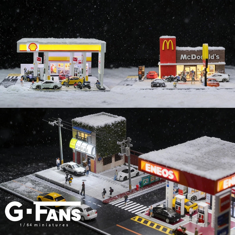 Diorama 1/64 Die-Cast Car Garage Model LED Street Building Gas Station Scene US