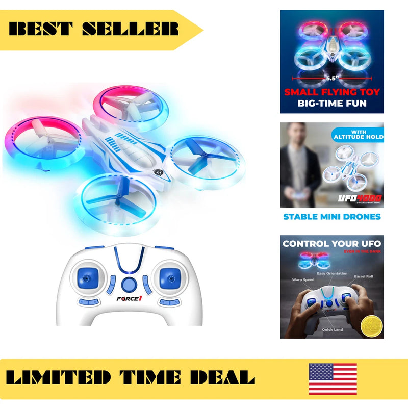 Kids mini quadcopter drone with glowing blue propellers and pink LEDs, plus white controller