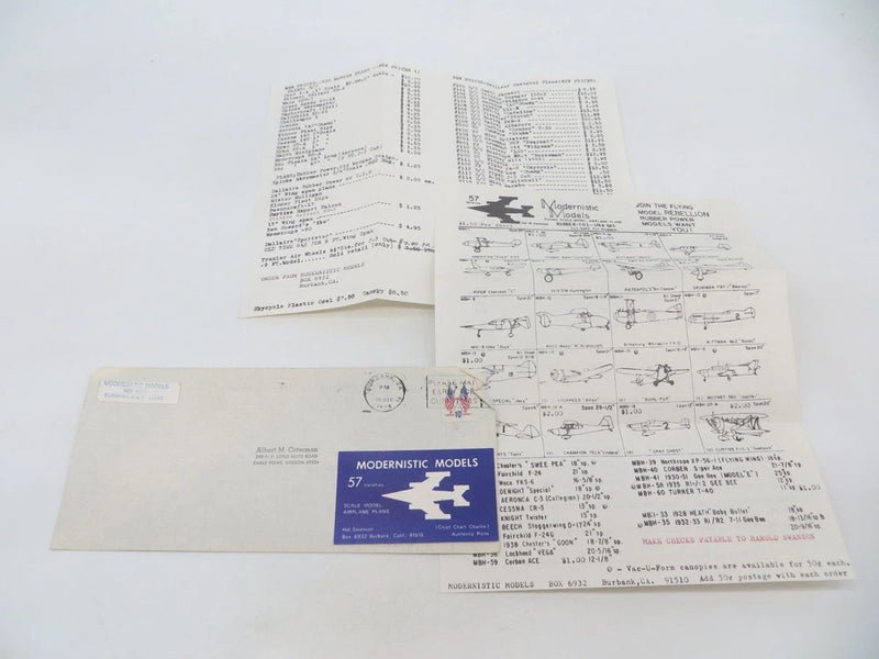 Modernistic Models Model Airplane Price Sheet Vintage 1974 vintage hobby