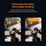 Action camera mounted on motorcycle handlebar with anti-shake comparison view