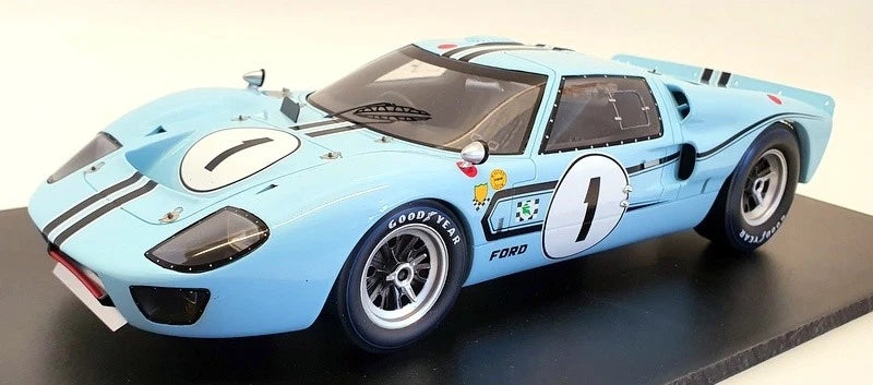 1/18 scale light blue race model car with white stripes, number 1, and Ford logos
