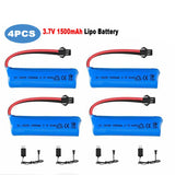 4-pack 3.7V 1500mAh LiPo batteries with blue packs and USB charging cables