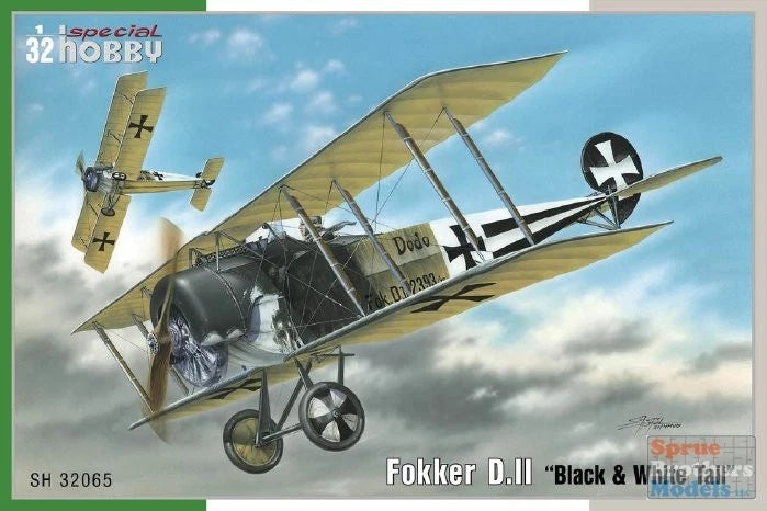 1:32 scale Fokker D.II model airplane with black fuselage and white tail