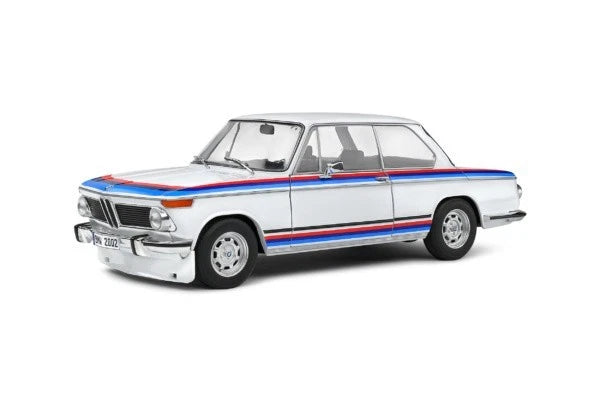 Light blue and white BMW 2002 Tii Turbo 1971 model car with side stripe
