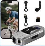 Silver action camera with lens and two LEDs, plus bike mount, cable, and microSD card