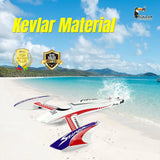 White RC electric speedboat with red and blue decals, propeller boat hull on sand