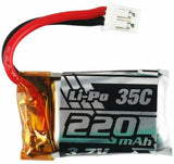 LiPo 3.7V 220mAh RC battery with red/black leads and white connector, 35C rating