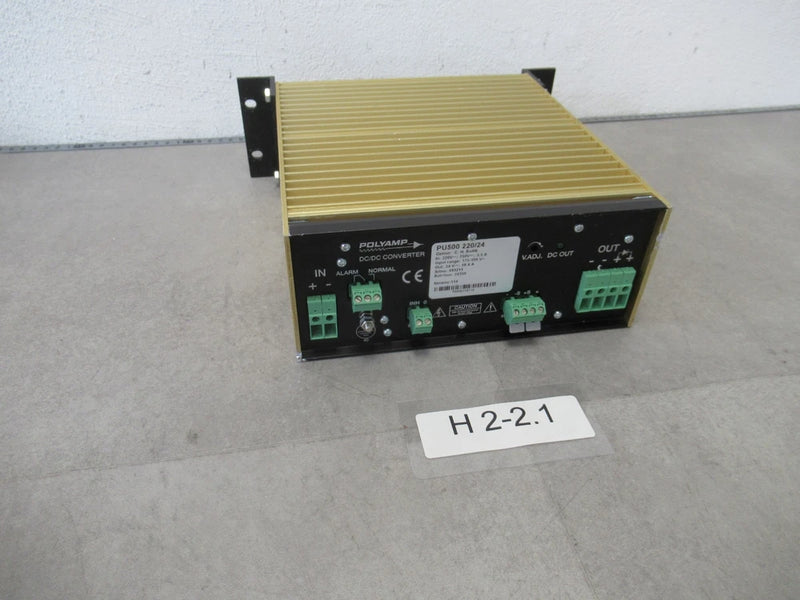 Polyamp DC-DC power converter with gold finned heat sink and front green terminal blocks
