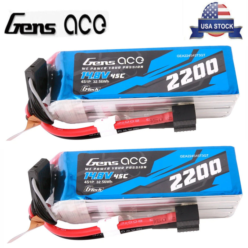 2X Gens Ace G-Tech 2200mAh 45C 14.8V 4S Lipo Battery With EC3 And Deans Adapter
