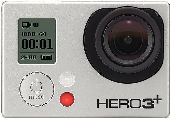 GoPro HERO3+ Black Edition action cam with front lens, buttons, and status display