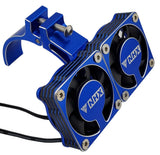 Blue aluminum RC twin cooling fans with protective covers and side motor mount
