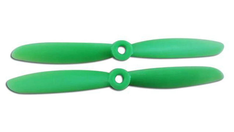 Two green ABS propeller blades with center mounting holes for multirotors