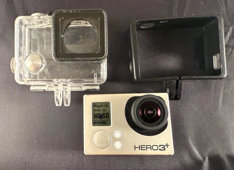 GoPro Hero3+ action camera with clear waterproof housing and black back display