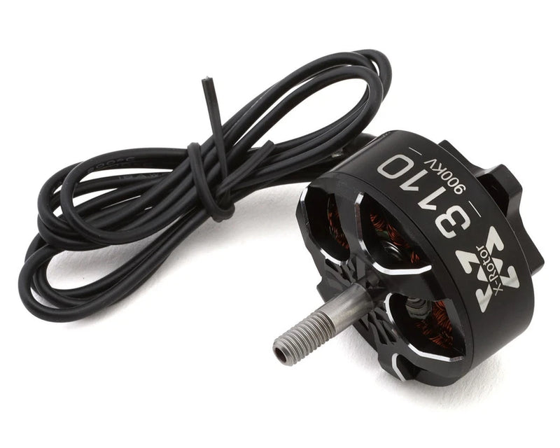 Hobbywing FPV drone racing motor with black wire harness and threaded shaft