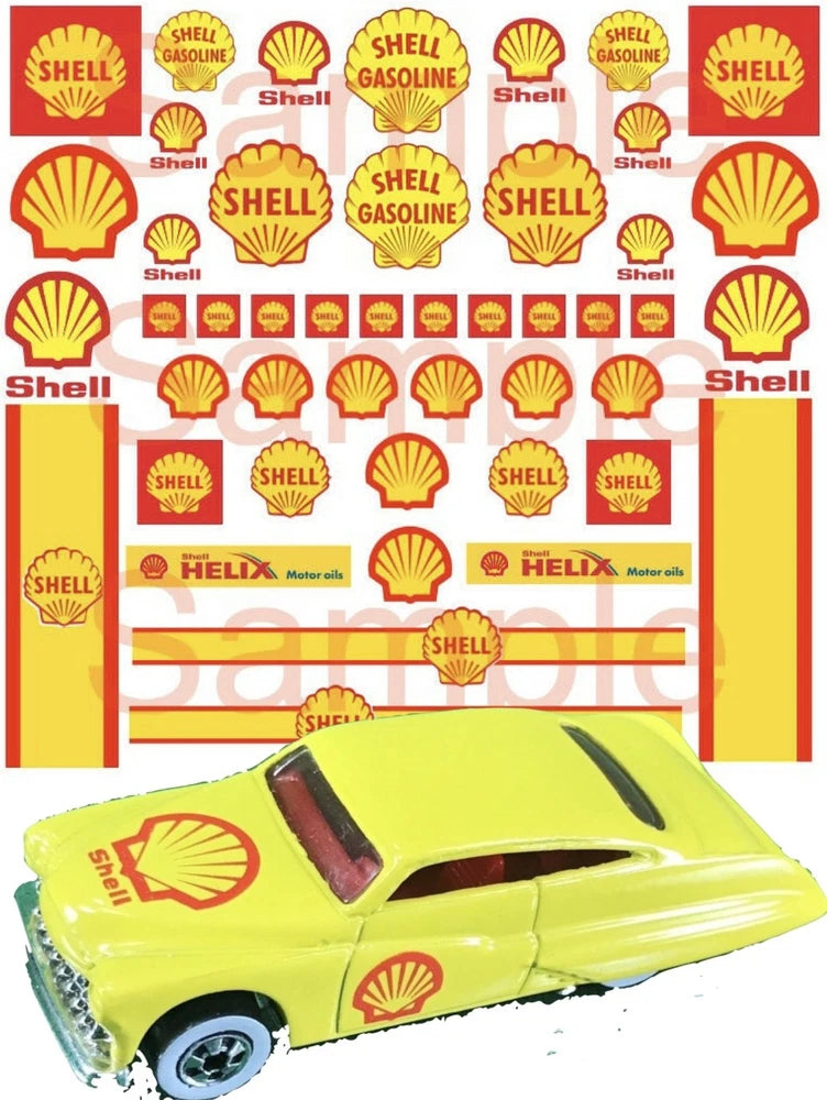 Shell water-slide decal sheet with Shell and Helix logo graphics and stripe accents