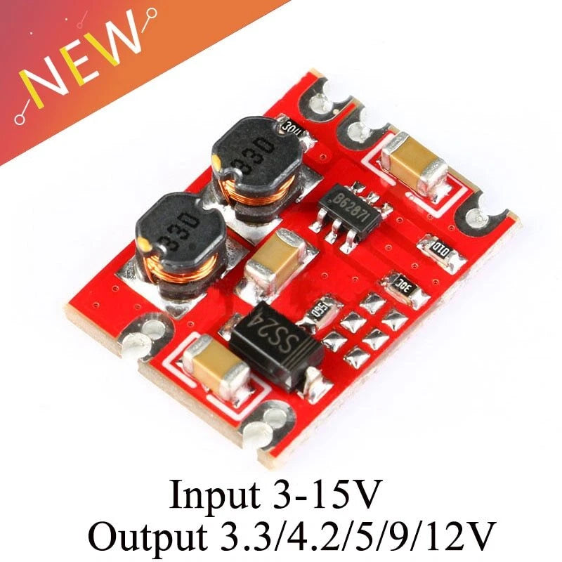 Red DC-DC buck boost module board with input 3-15V and output 3.3/4.2/5/9/12V
