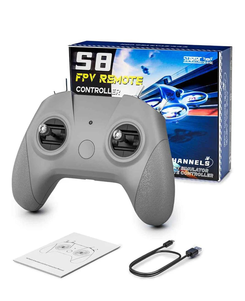 Grey drone simulator controller with two thumb joysticks and trigger buttons