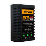 LiPo balance charger, black with orange label and green status LEDs, 3-cell