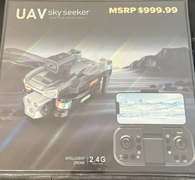 UAV drone with 4K HD camera and 2.4G controller shown on retail box