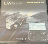 UAV drone with 4K HD camera and 2.4G controller shown on retail box