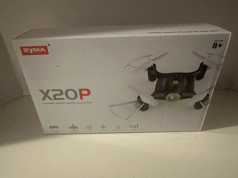SYMA X20P mini drone packaging with quadcopter illustration and remote-control design