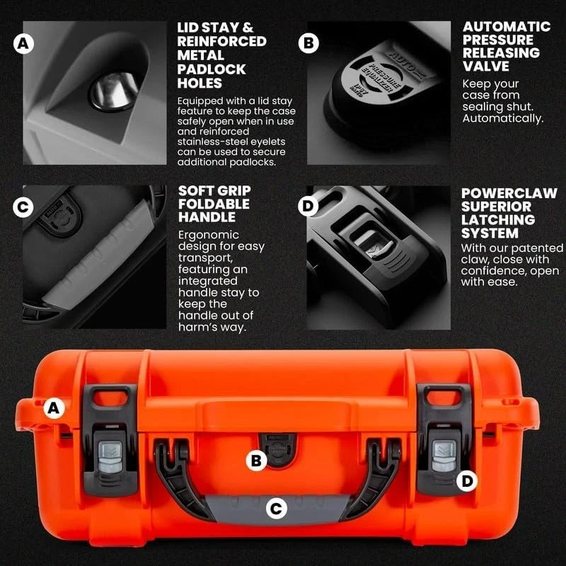 Orange waterproof hard case with foam insert, dual latches and carry handle cutouts