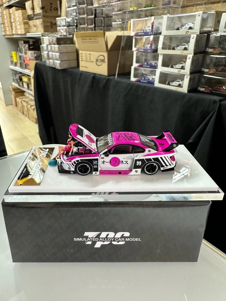 NISSAN SILVIA S15 PINK WHITE LBWK WITH FIGURE HOOD OPENS 1/64 DIECAST CAR BY TPC