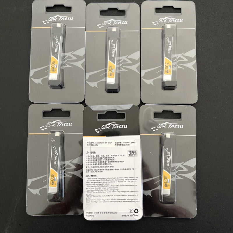 Tattu 300mAh 1S 75C 3.8V Lipo RC Airplane / Drone Battery  JST-PHR Plug   6 PACK Battery