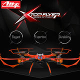RC quadcopter drone, orange and black body, four propellers with LED lights