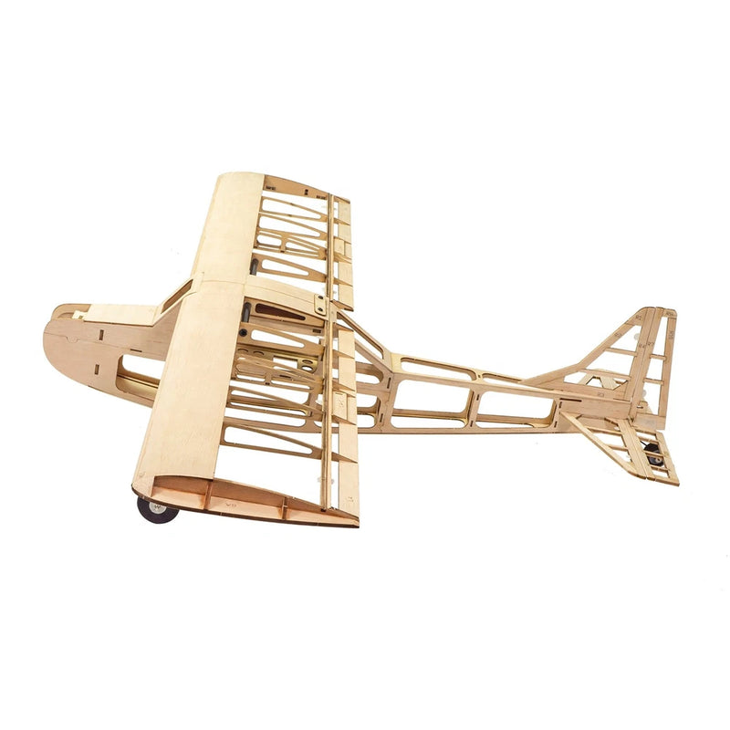 Balsa wood RC model airplane wing and fuselage frame, unfinished natural wood color