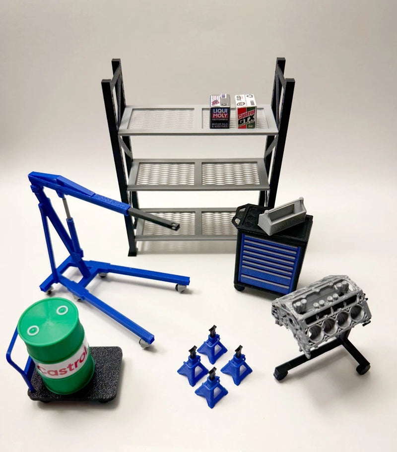 1/18 Scale Garage Diorama Set ¨C V8 Engine w/ Stand, Storage Rack & Accessories