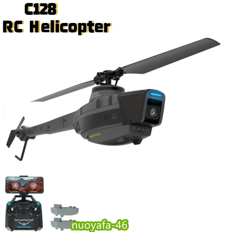 RC helicopter drone with dark gray body and front camera, 4-blade rotors