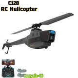 RC helicopter drone with dark gray body and front camera, 4-blade rotors